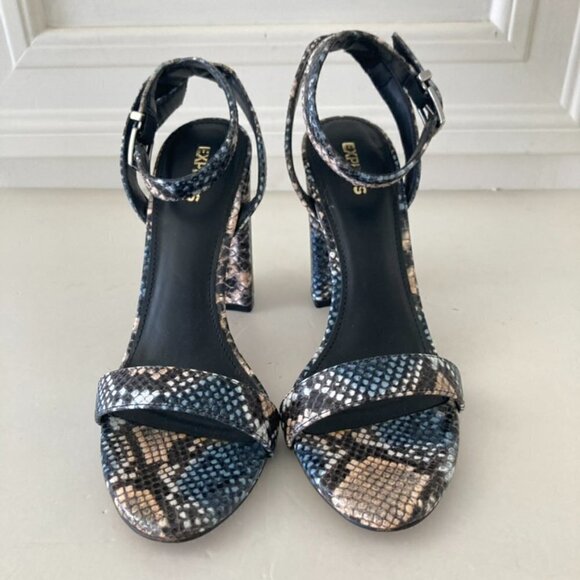 Express Animal Print Blue Peep Toe Ankle Strap Heels Sz 8 - Picture 5 of 8
